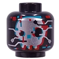 Minifig Head D-Shock, Silver Skull with Red/Dark Turquoise Distortion, Circuitry