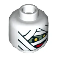Minifig Head Mummy (Dr Najib), Dual Sided, Mummy Wraps, Yellow Eyes and Red Mouth / Eyebrows and Moustache Print [Hollow Stud]