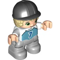Duplo Figure Child with Short Hair and Riding Helmet Black, Light Bluish Gray Legs, Dark Azure Shirt with '7' Print