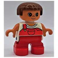 Duplo Figure, Early Child, with Straight Hair Brown, Red Legs, Red Overalls with 1 Strap Print
