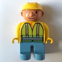 Duplo Figure, Early, Hard Hat Yellow, Medium Blue Legs, Lime Construction Jacket Print (Bob the Builder)