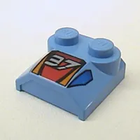 Brick Curved 2 x 2 x 2/3 Two Studs and Lip End with '37' and Red, Orange, and Blue Print