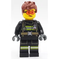 Firefighter, Black Fire Suit, Reddish Brown Hair, Orange Safety Glasses