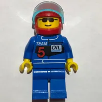 Racer, Blue Jacket with 'TEAM 5', Red Helmet with Visor, Sunglasses