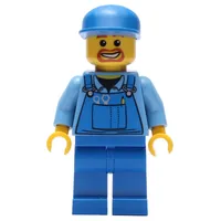 Construction Worker, Blue Overalls over Medium Blue Shirt, Blue Cap, Goatee Beard