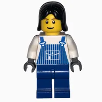 Woman, Blue and White Striped Overalls, Black Hair