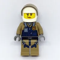 Policewoman, Dark Blue Vest over Dark Tan Jacket with Zipper and Badge, White Helmet with Visor