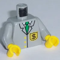 Torso Jacket, with Tie and Dollar Sign Bank Logo Badge Print, Light Gray Arms, Yellow Hands