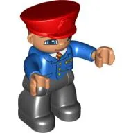 Duplo Figure with Police Style Hat Red, with Black Legs, Blue Jacket with Red/Yellow Tie, Nougat Hands, Smile with Closed Mouth (Train Conductor)