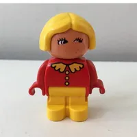 Duplo Figure, Early with Joined Legs Yellow, Red Top with Collar And 3 Buttons, Yellow Hair, White in Eyes Print