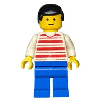 Man, Red and White Striped Shirt, Blue Legs, Black Hair