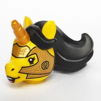 Minifig Head Special, Unicorn with Gold Horn, Black Mane, Gold Knight's Helmet Print