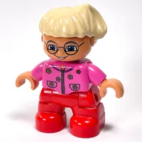 Duplo Figure Child with Side Ponytail, with Red Legs, Dark Pink Top With Flowers, and Glasses Print
