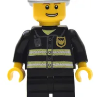 Fireman, Black Fire Jacket with Reflective Stripes, Radio, and Badge, Silver Helmet