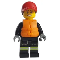 Firefighter, Black Fire Suit, Orange Life Vest, Red Cap