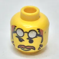 Minifig Head Docs / Cameraman, Moustache Brown Hair, Glasses on Forehead, Raised Eyebrow Print [Blocked Open Stud]