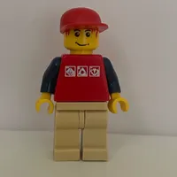 Man, Red Top with Dark Blue Arms, Tan Legs, Red Cap