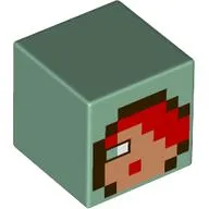 Minifig Head Special, Cube with Pixelated Medium Nougat Dace, Red Hair, Olive Green Eye, Dark Brown Hood print