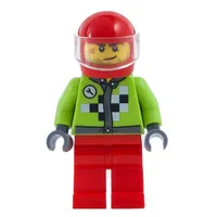 Racer with Lime Jacket with Black and White Checks, Red Helmet with Trans-Clear Visor