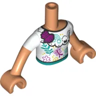 Minidoll Torso Girl with White Shirt, Black Trim, Dark Turquoise Belt, Butterflies print, Nougat Arms
