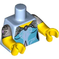 Torso, Dual Molded Arms, Dress with Yellow Neck, Lavender Shoulders and Shiny Trim Print, Flat Silver Sleeves Pattern, Yellow Arms and Hands