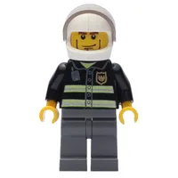 Fireman, Black Fire Jacket with Reflective Stripes, Radio, and Badge, White Helmet with Visor, Cheek Lines, Dark BLuish Grey Legs