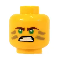 Minifig Head Lloyd Garmadon, Dark Tan Stripes, Reddish Brown Eyebrows, Green Eyes, Determined, Angry print