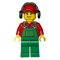 Woman, Green Overalls over Red Paid Shirt, Red Cap with Ear Defenders