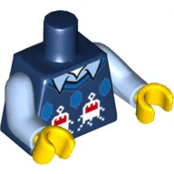 Torso Knit Vest with 3 Blue Diamonds and White and Red Creatures over Bright Light Blue Shirt with Collar Print, Bright Light Blue Arms, Yellow Hands