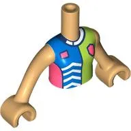 Minidoll Torso Girl with Blue/Lime/Coral Shirt, Shield, Dark Blue Collar print, Warm Tan Arms and Hands