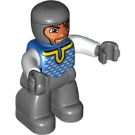 Duplo Figure with Rounded Head with Dark Bluish Gray Legs, Blue Chest, White Arms, Dark Bluish Gray Hands