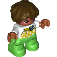 Duplo Figure Child with Short Wavy Hair Dark Brown, with Bright Green Legs, Yellow Top with White Spots, Blue Bow Print