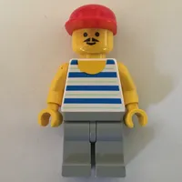 Man, Blue and White Striped Tank Top, Light Gray Legs, Red Cap, Moustache