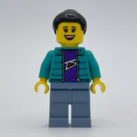 Woman, Dark Turquoise Jacket, Sand Blue Legs, Black Hair