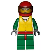 Racer, White and Green Jacket with Octan Logo, Red Helmet with Trans-Brown Visor, Yellow Life Vest, Silver Sunglasses