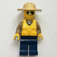 Forest Police / Ranger, Dark Tan Shirt with Radio and Badge, Dark Blue Legs, Tan Campaign Hat, Yellow Life Vest, Sunglasses