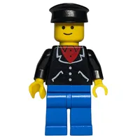 Man, Open Black Jacket over Red Shirt, Blue Legs, Black Cap