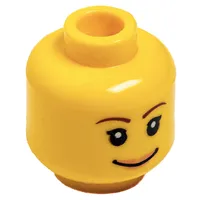 Minifig Head, Brown Thin Eyebrows, White Pupils, Short Eyelashes, Wide Black Smile and Pink Lips Print