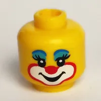 Minifig Head Clown, Blue Eye Shadow, Red Nose, White Mouth with Red Outline, Smile / Left Eye Closed Print