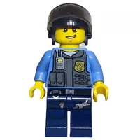 Policeman, Dark Bluish Gray Vest with Radio, Badge and Pouches over Medium Blue Shirt, Black Hat with Visor, Open Mouth