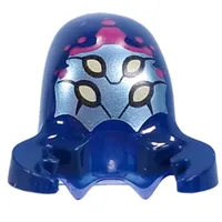 Minifig Head Alien with Stretched Head, with Dark Blue Claws Pattern, Metal Sand Green Face, 4 Bright Light Yellow Eyes, Magenta Hexagons print
