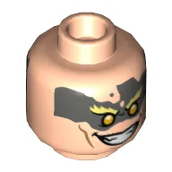 Minifig Head Junkrat, Olive Green Face Paint, Bright Light Yellow Eyebrows, Yellow Eyes, Open Mouth Smile / Gritted Teeth Smile Print