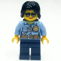 Policewoman, Bright Light Blue Shirt with Radio and Badge, Dark Blue Legs, Black Hair, Sunglasses