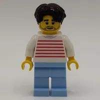 White Striped Torso, Bright Light Blue Legs, Dark Brown Hair