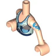 Minidoll Torso Girl with Light Aqua Halter Top with Dark Blue and Silver Belt and Circles Print, Dark Azure Elven Tattoo, Light Nougat Arms and Hands