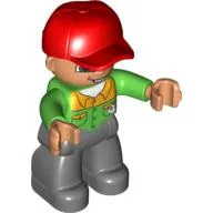 Duplo Figure with Cap Red, with Bright Green Long Sleeve Shirt with Light Orange Collar and Pocket Flaps - Nougat Face with Open Mouth Smile - Dark Bluish Gray Legs