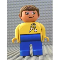Duplo Figure, Early, with Short Parted Hair Brown, Blue Legs, White Tennis Racket and Ball Print