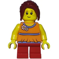 Girl, Orange Top, Short Red Legs, Dark Red Hair