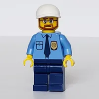 Policeman, Medium Blue Shirt with Badge and Tie, White Cap, Beard and Glasses