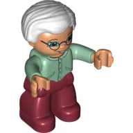 Duplo Figure with Hair with Side Parting Very Light Gray, with Dark Red Legs, Sand Green Sweater, Green Eyes, Glasses